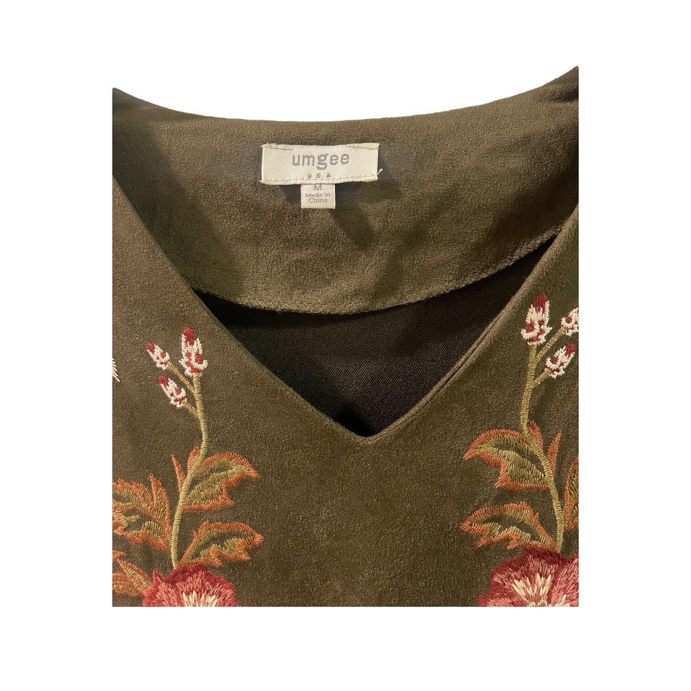 Umgee Olive Green Floral Embroidered Bell Sleeve V Neck Dress Size M - Picture 4 of 4